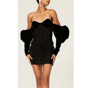 LaQuan Smith Off The Shoulder Dress Puff Sleeve Sheer Velvet Black Mini L